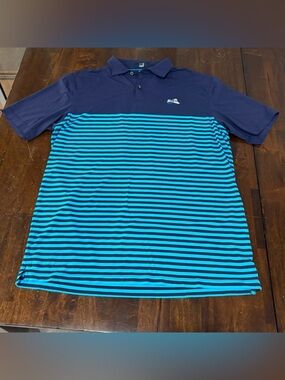 Dunhill Links Navy Blue Striped Golf Polo Shirt Swilcan Bridge Logo Men’s Size M